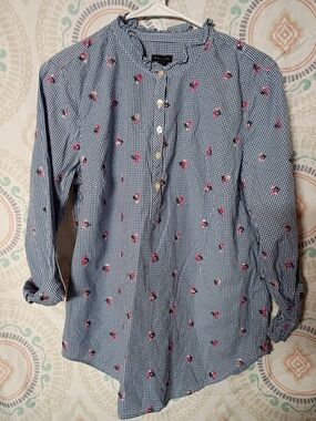 Blue Gingham Button-Up Blouse with Pink Floral Embroidery